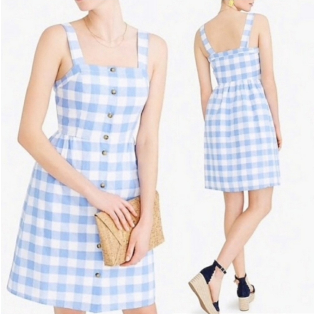 J.CREW Factory Gingham Button Front Linen Blend Mini Blue Dress